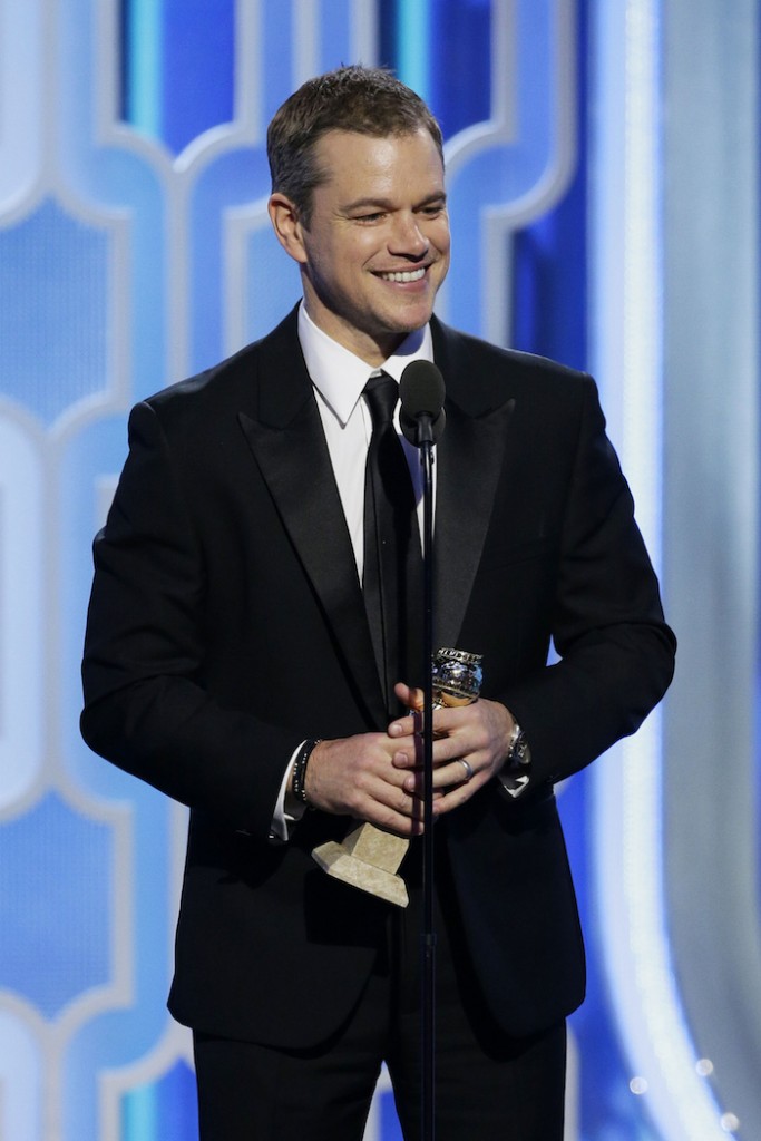  Matt Damon accepts the award for Best Actor - Motion Picture, Comedy onstage for "The Martian" during the 73rd Annual Golden Globe Awards at The Beverly Hilton Hotel on January 10, 2016 in Beverly Hills, California. (Photo by Paul Drinkwater/NBCUniversal via Getty Images). Damon is wearing Piaget Gouveneur watch