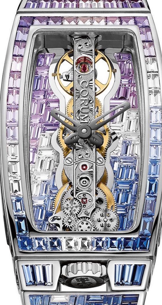 The Corum Golden Bridge Miss Sapphires watch is set with 743 precious sapphires weighing more than 17 carats. 