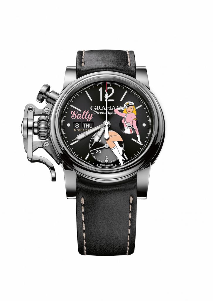 The Graham Chronofighter Vintage Nose Art watches house mechanical chronograph movements and retail for just over $5,000. 
