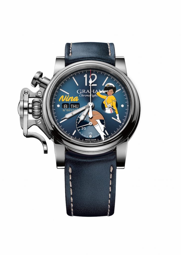 Pin-up girls were often painted on the noses of the flying forties planes, and were typically more risqué' than these Graham Chronofighter Vintage Nose Art watches. 