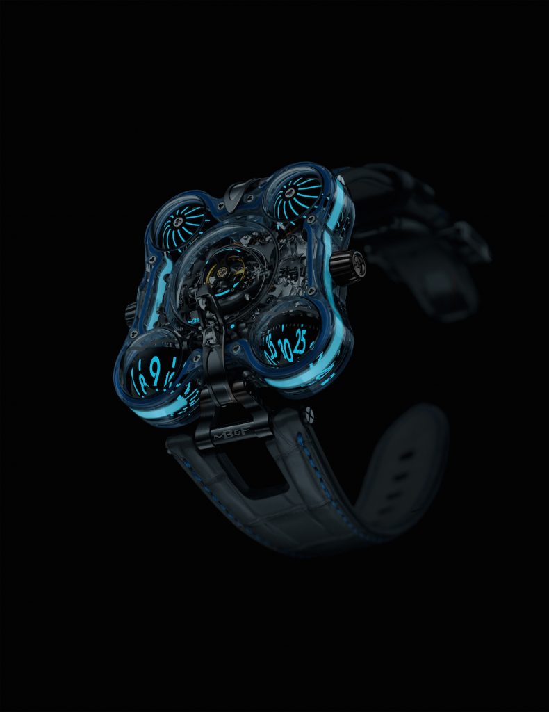 The MB&F HM6 Alien Nation watches are created in a limited edition of 4 pieces, each with a different color lumen.