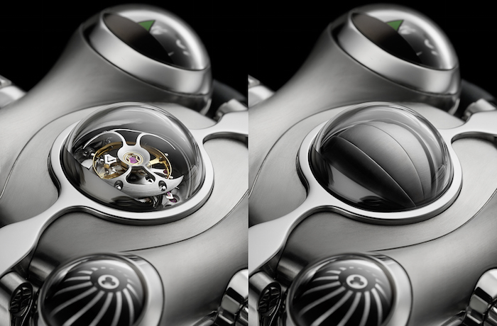 A close up look at the MB&F HM6 Alien Nation tourbillon with retractable shield. 
