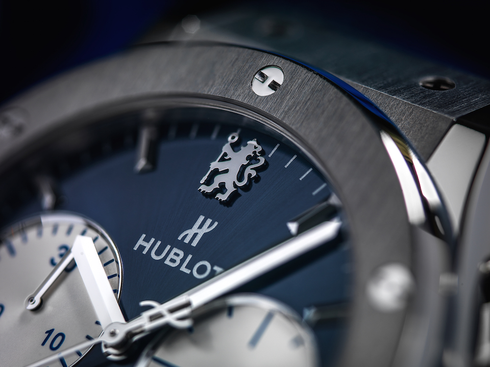 The automatic chronograph is the first watch done in partnership with Chelsea FC and features the team logo above the Hublot name on the dial. 