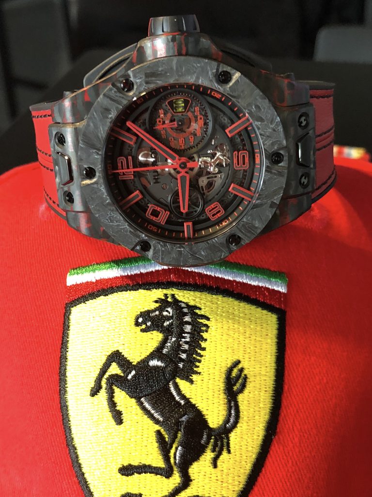 Hublot Big Bang Ferrari Scuderia Corsa watch with case and bezel using materials from the team's car. 