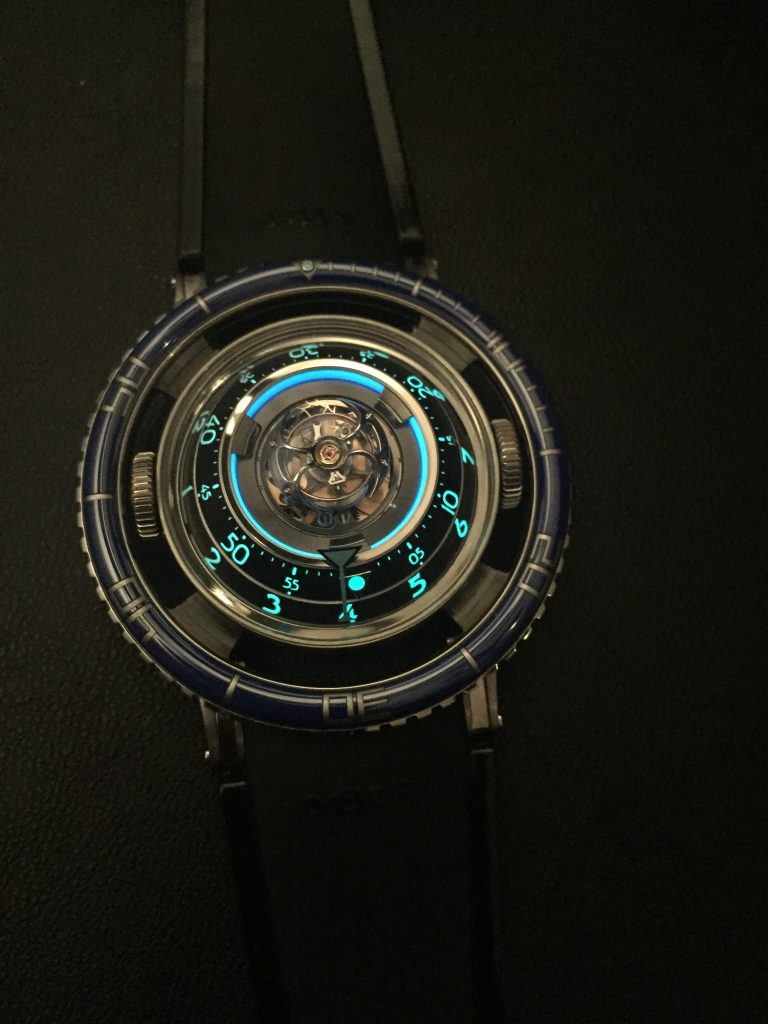 The MB&F HM7 Aquapod glows blue from within. 