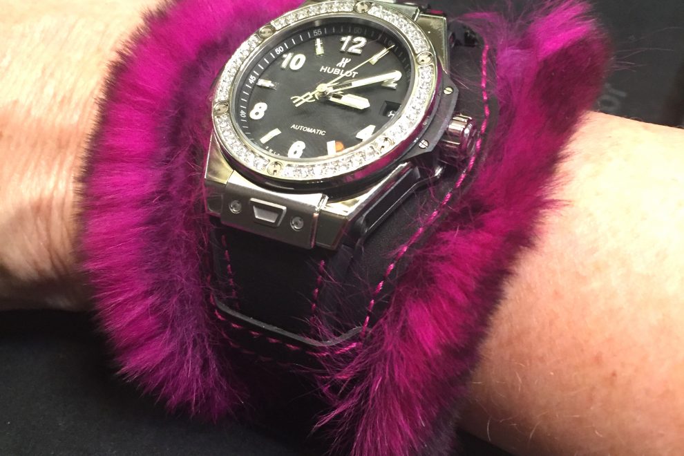 Hublot Big Bang “One Click” Cuddly cuff watch makes a colorful and bold summer-night statement.