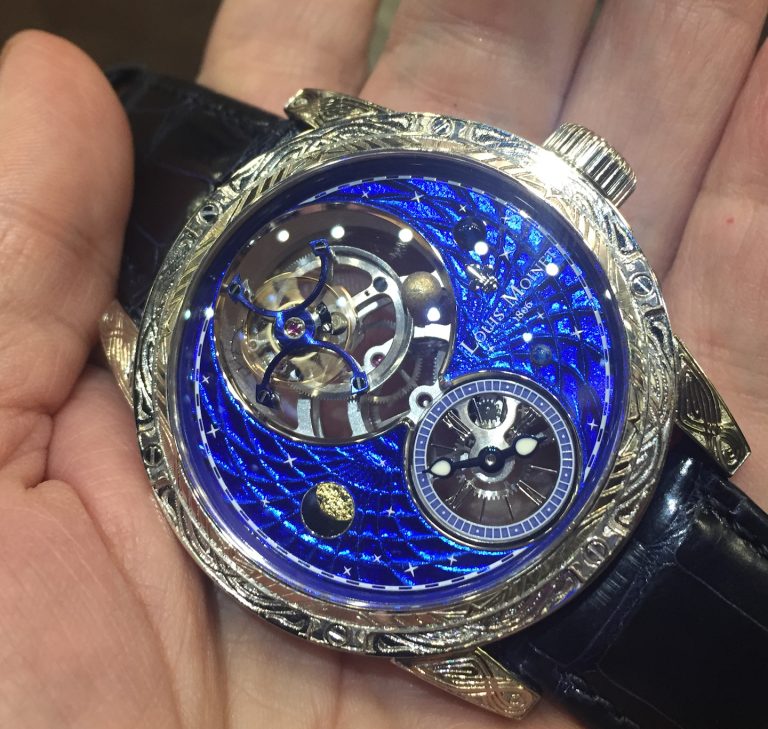Louis Moinet Space Mystery watch with meteor and Magic Blue dial and rotating orb. 