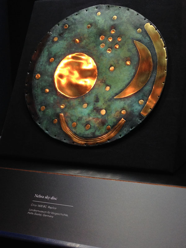 Replica of the Nebra disk, the oldest artifact depicting time and the celestial bodies. 