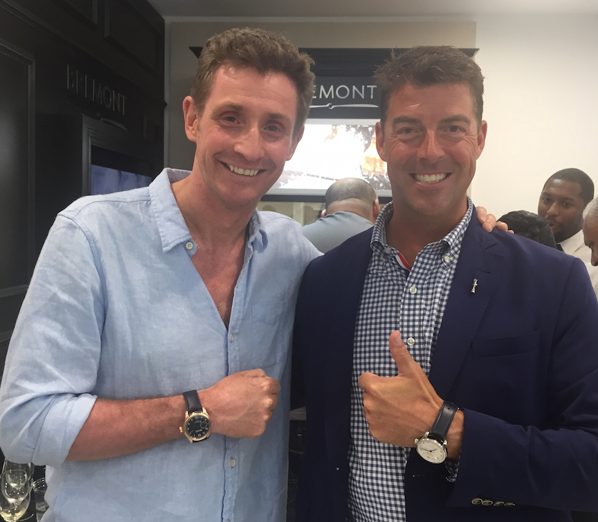 Bremont's Nick English (left) with sports commentator Tucker Thompson in Bermuda during the final weekend of the 35th America's Cup.
