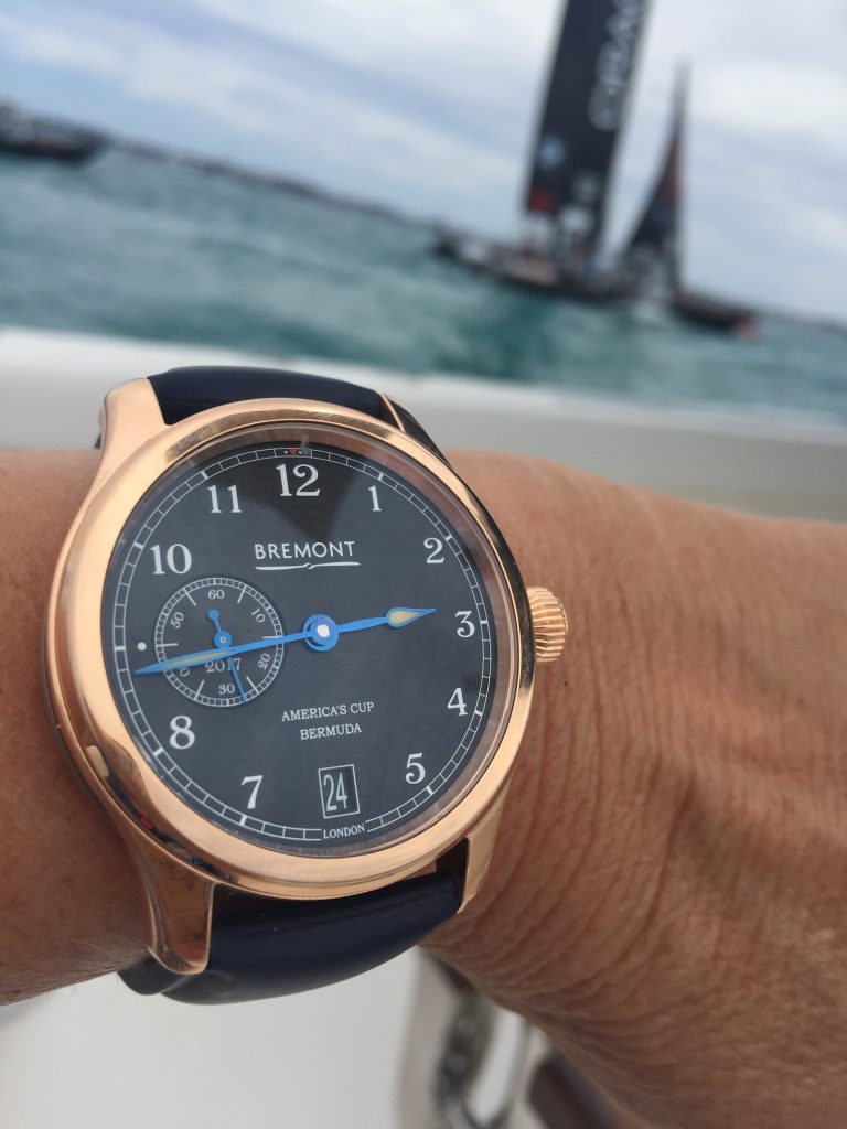 Bremont AC35 America's Cup Bermuda watch in 18-karat rose gold -- on the water during the final races for the 35th America's Cup. 