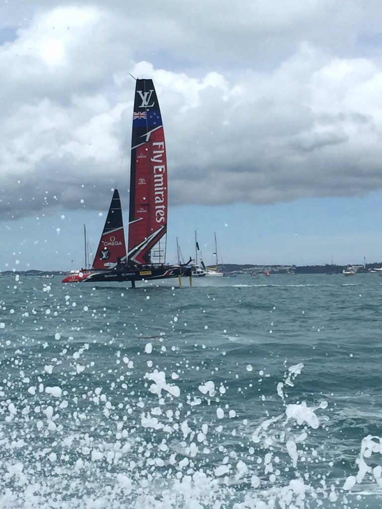 Watching the 35th America's Cup races on Bermuda's Great Sound from a chase boat.