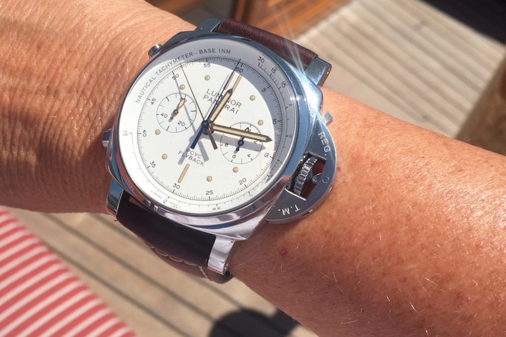 IMG_2378 Panerai Luminor 1950 PCYC 3 Days Chrono Flyback Automatic watch with ivory dial is super stunning on the wrist and is rugged enough to take to the water.