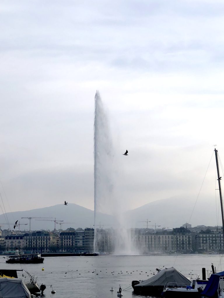 The iconic fountain on Lake Geneva. 