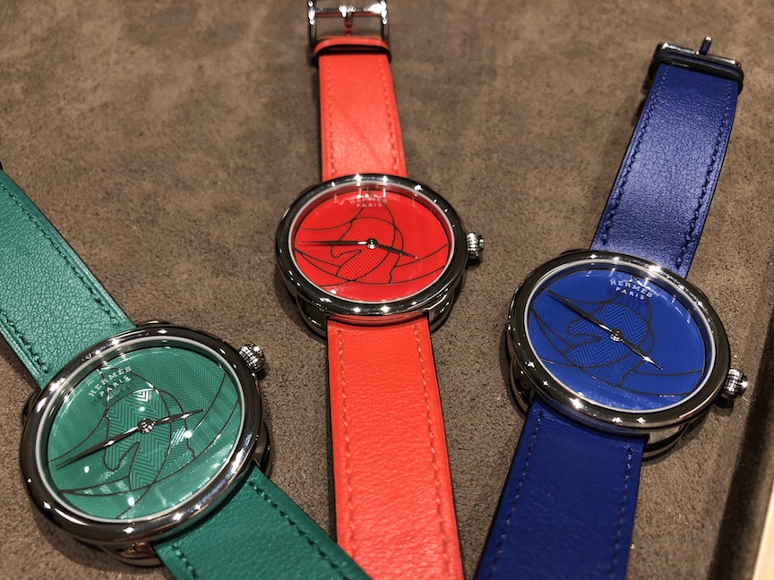 Hermes Arceau Casaque watch in green, red, blue and (not shown) lemon lime. 