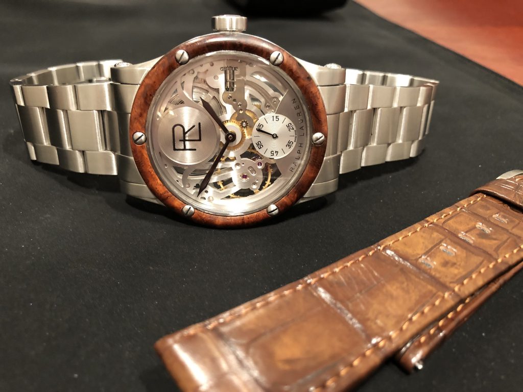 The new Ralph Lauren Automotive 45mm Skeleton Steel watch is sold with interchangeable strap/bracelet.