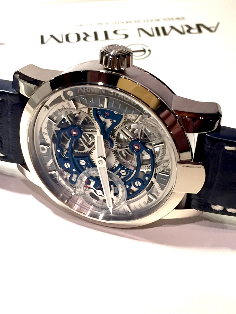 Seen at WatchTime New York, the Armin Strom Skeleton Pure in white gold houses the Calibre ARM09-S with bridges are highly accentuated in bold blue thanks to a special three-dimensional PVD 