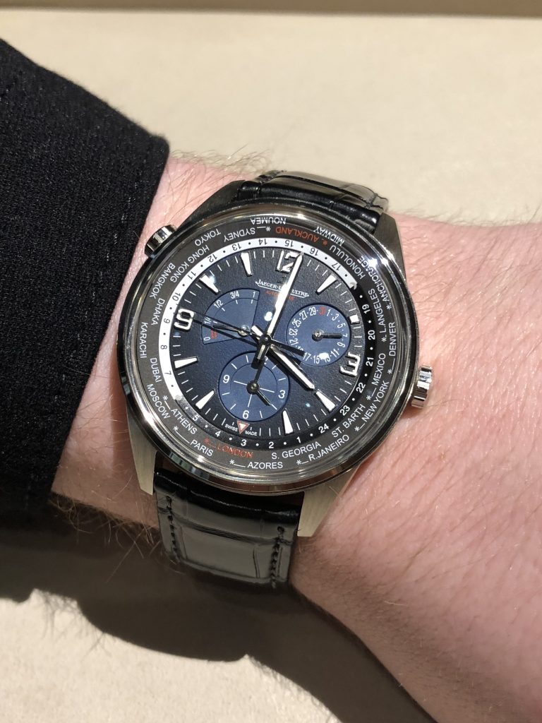 Jaeger-LeCoultre Polaris Geographic World Time watch features a 42mm stainless sfeel case with black/blue dial.