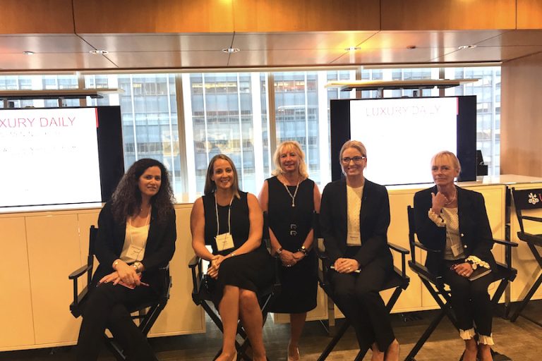 Luxury Daily's Women in Luxury Conference. The panelists for the Watch discussion (Women in a male-dominated world) include (left to right) Sarah Zaouk, Baume & Mercier, Sara Orlando of WatchTime Magazine, Roberta Naas, moderator, founder of ATimelyPerspective.com, Rebecca Fisher of the Real Real, Sharon Buntain of Montblanc.
