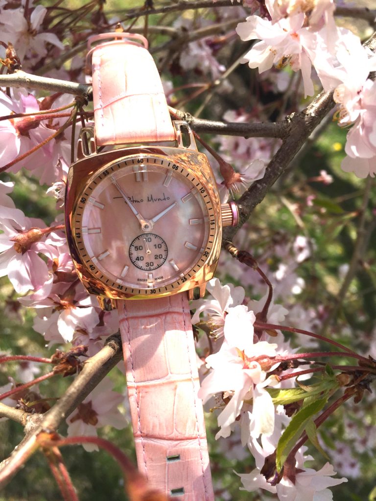 Ritmo Mundo Ladies Racer watch in IP rose gold with pink mother-of-pearl dial and pink leather strap. (Photo: R. Naas,ATimelyPerspective) 