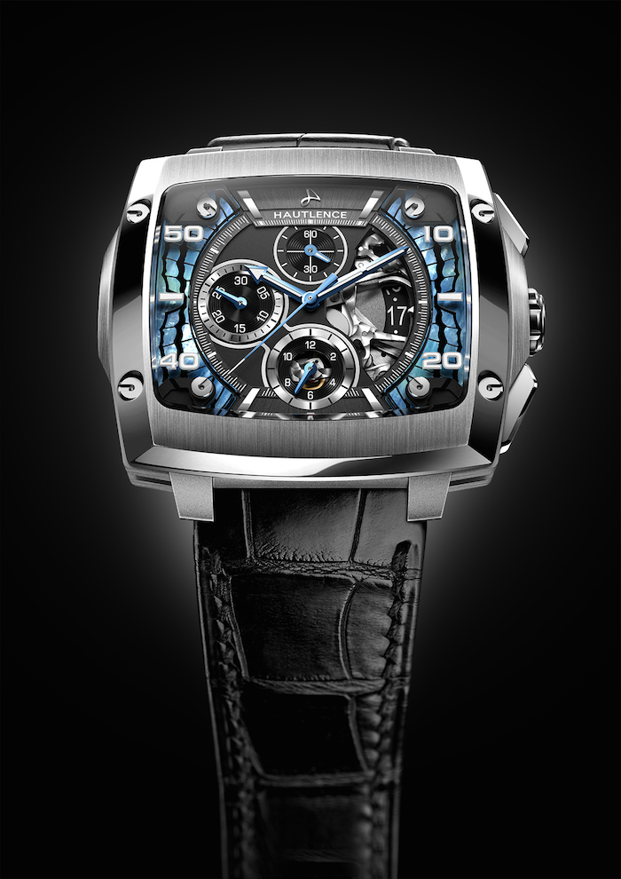 The mother of pearl and blue accents on the dial are inspired by the Invictus butterfly's colors. 