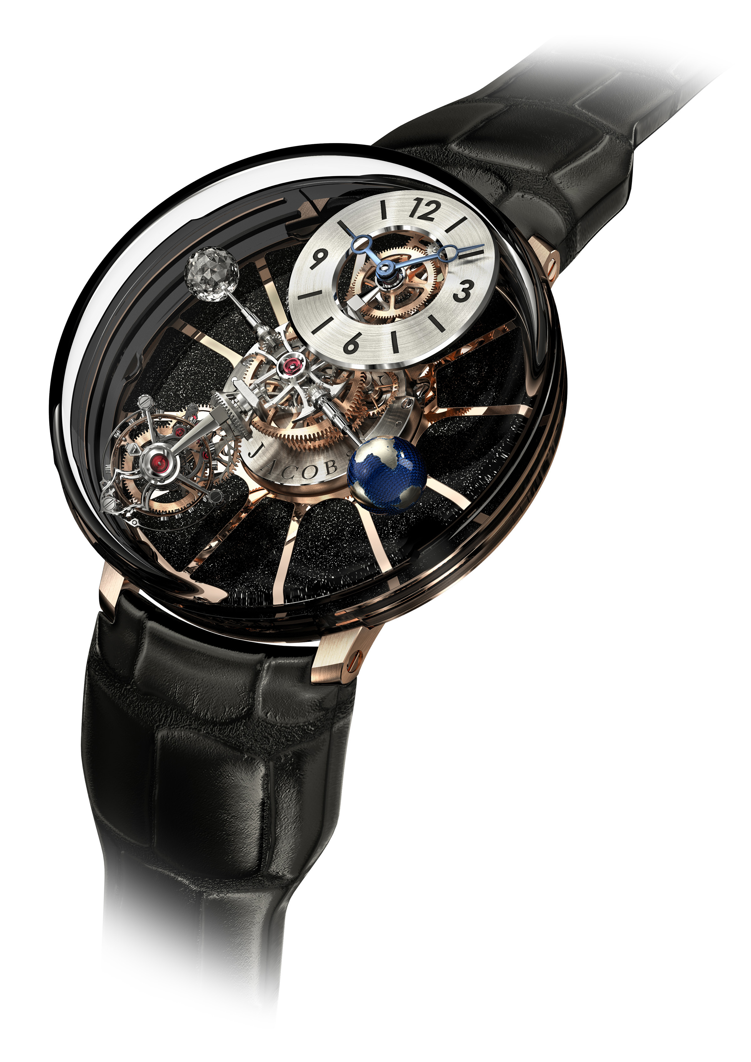 Jacob & Co Astronomia Tourbillon is a complex system of axes and indications. 