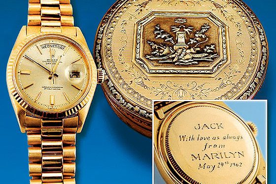 JFK_Marilyn_Rolex_560-1 Marilyn Monroe gave President John F. Kennedy an engraved watch, which he quickly gave away.