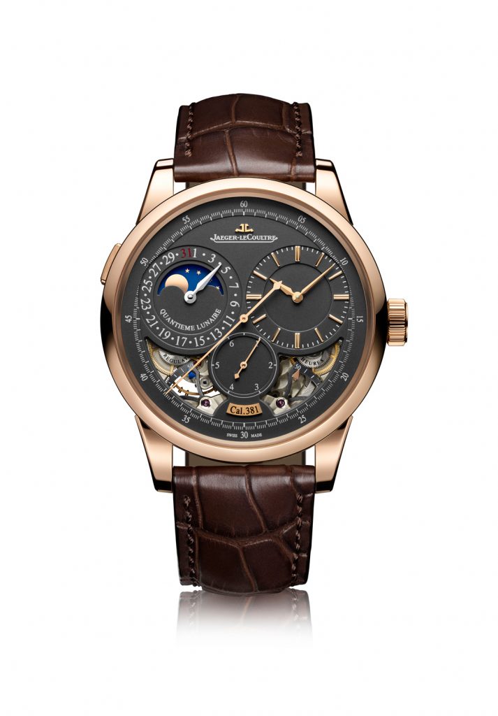 The Jaeger-LeCoultre Duometre Quantieme Lunaire in rose gold with gray dial. 