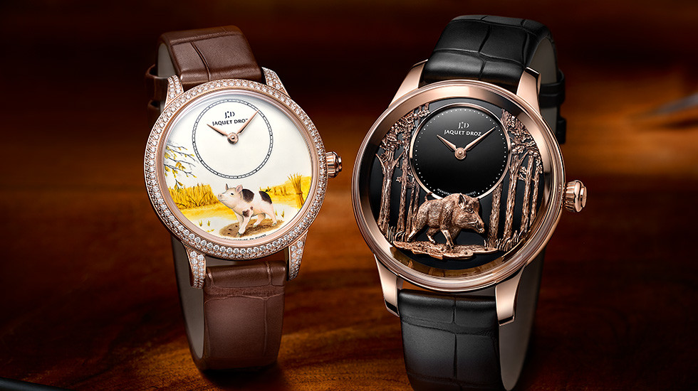 Jaquet Droz Petite Heure Minute Year of the Pig watch in two versions. 