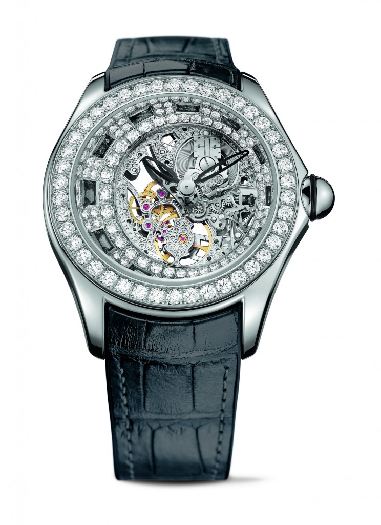 The Corum High Jeweled Bubble watch is offered in three color variations. 