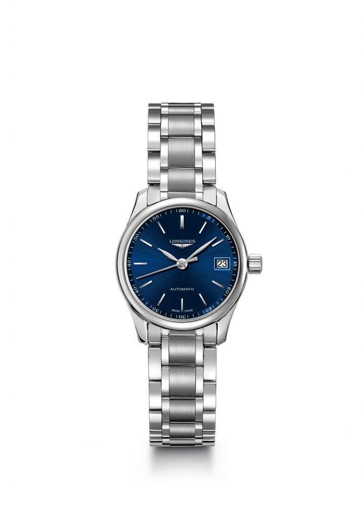 This women's Longines Master Collection watch measures 25.5mm in diameter and is crafted in steel with blue sun ray dial. It is equipped with the automatic L592 caliber.