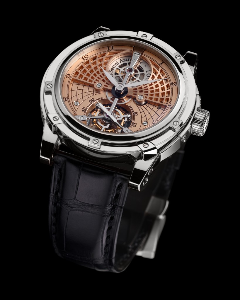 The watch offers central hours and minutes, as well as tourbillon escapement