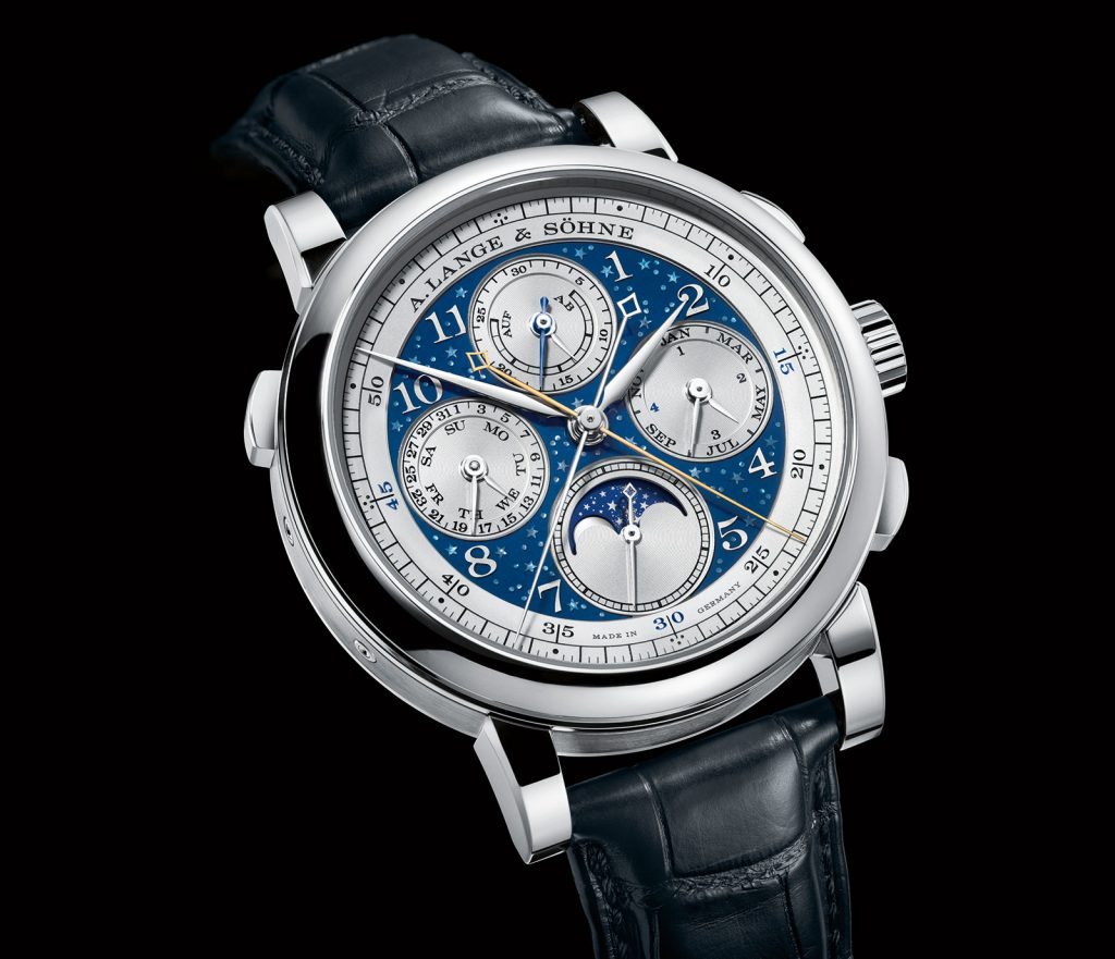 The stunning dial of the A. Lange & Sohne 1815 Rattrapante Perpetual Calendar Handwerkskunst 2017 watch features a celestial theme with stars and moon phase indication accurate for 122.6 years.