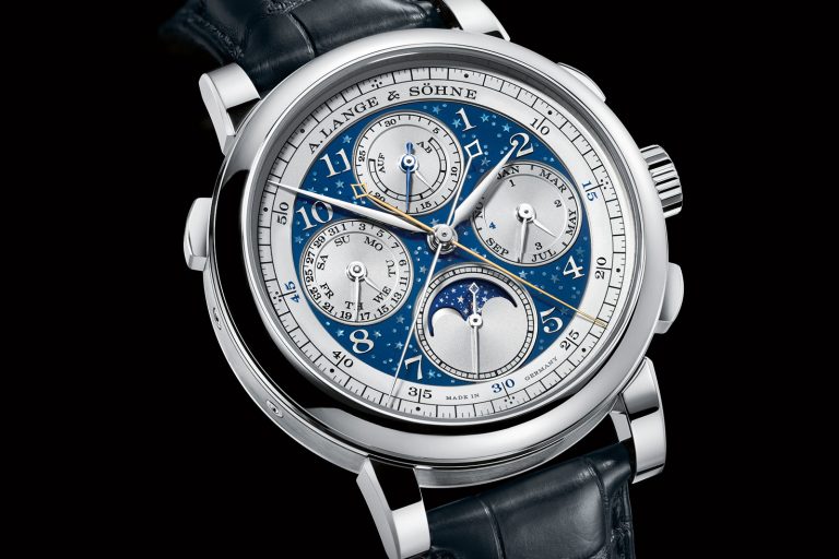 Lange-1815-Perpetual-Calendar-Rattrapante-Handwerkskunst-10 The stunning dial of the A. Lange & Sohne 1815 Rattrapante Perpetual Calendar Handwerkskunst 2017 watch features a celestial theme with stars and moon phase indication accurate for 122.6 years.