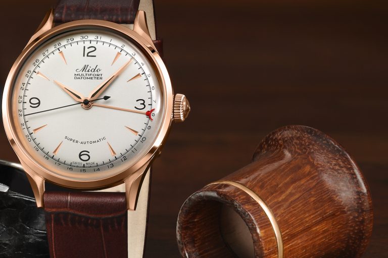 Mido Multifort Datometer is updated from the 1930's model with a sandblasted silvered dial and a red-laquer-tipped date hand.