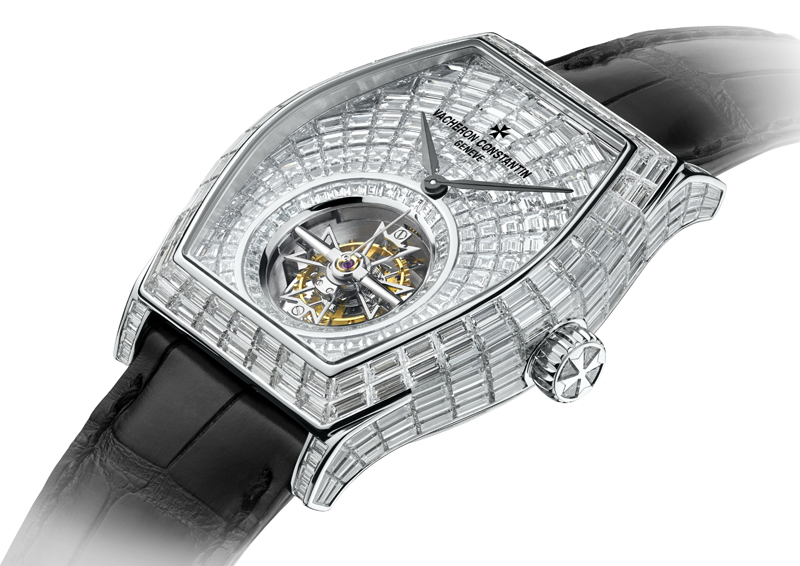 Vacheron Constantin's Malte Tourbillon High Jewelry watch features more than 400 baguette-cut invisibly-set diamonds. 