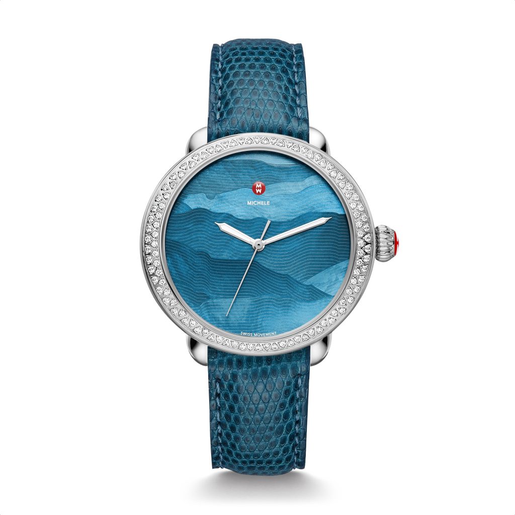 Michele Watches, Serein Dimaond with teal gradient dial and blue lizard strap. $2,215. 
