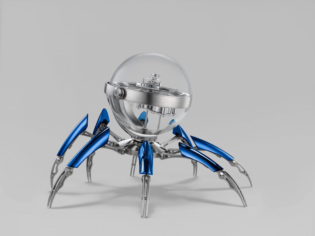 MB&F Octopod clock in blue PVD with eight legs-- each one consisting of 31 parts.