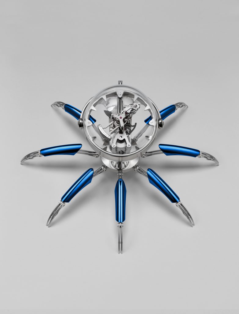 The complex new eight-day clock movement made by L'Epee 1839 for the MB&F Octopod clock is visible in a transparent sphere that acts as the head of the octopus.