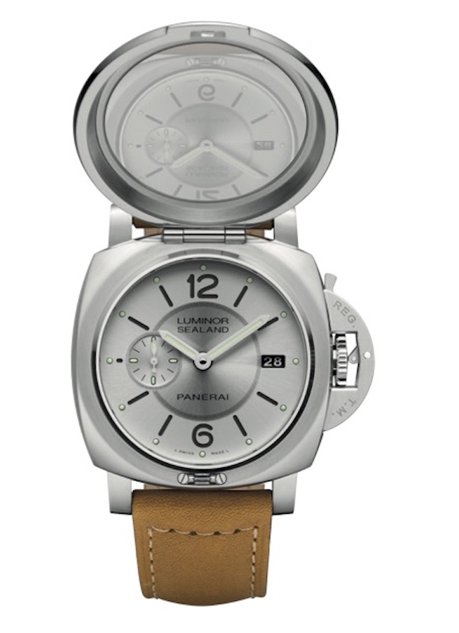 The watch cover opens to reveal a gray dial with date indication.