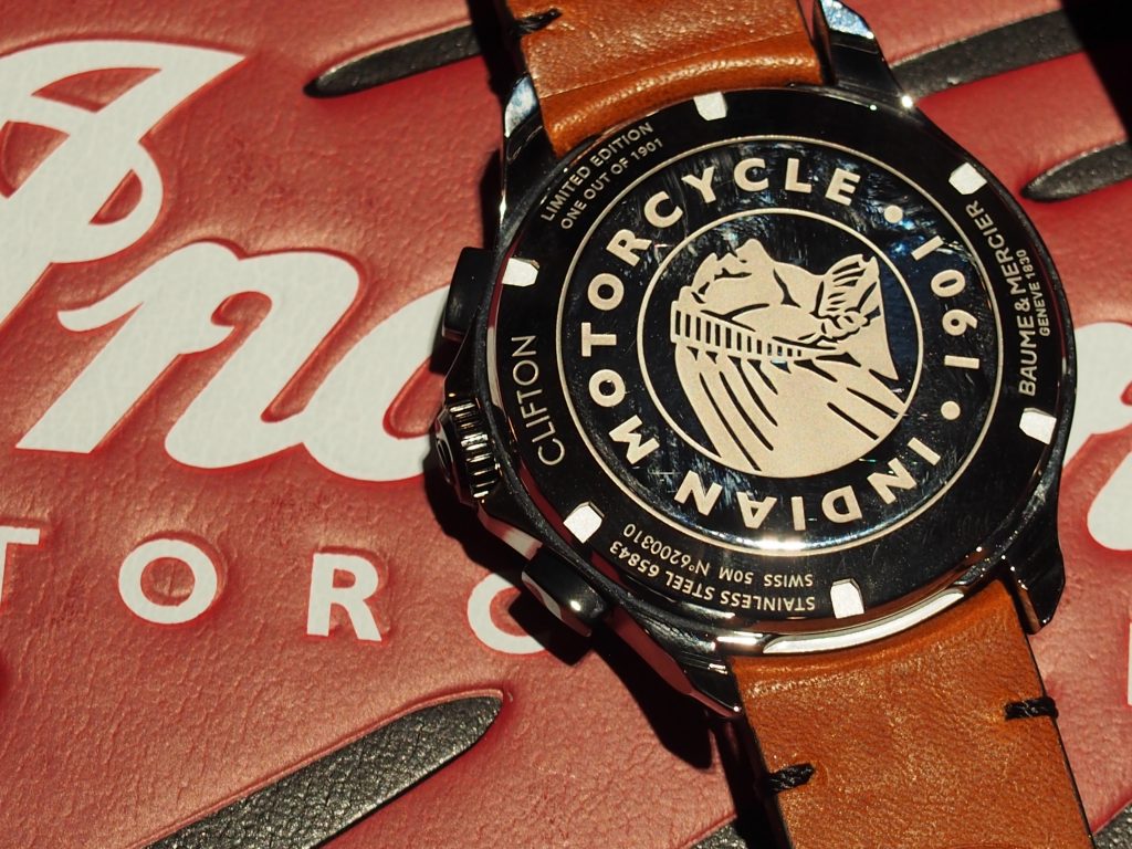 The case back of the Baume & Mercier Clifton Club Indian Legend Scout watch -- with Indian chief logo. (Photo: R. Naas) 