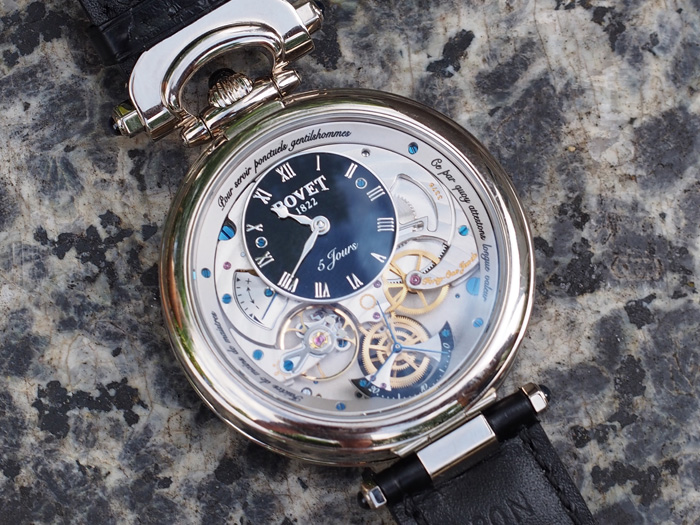The second side the Bovet Vrituoso VII offers time, seconds at 6:00 and power reserve indication 