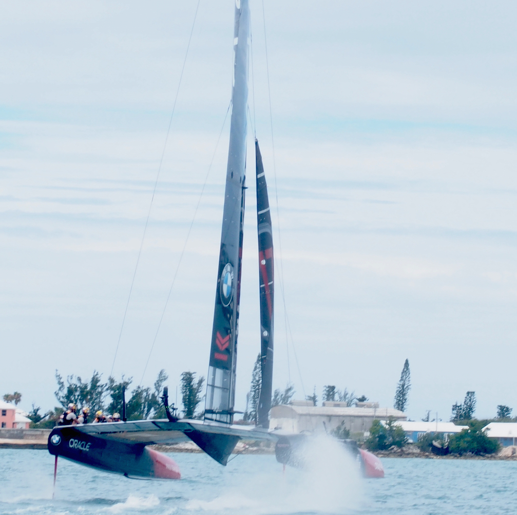 Oracle Team USA flying through the water in the 35th America's Cup in Bermuda. 