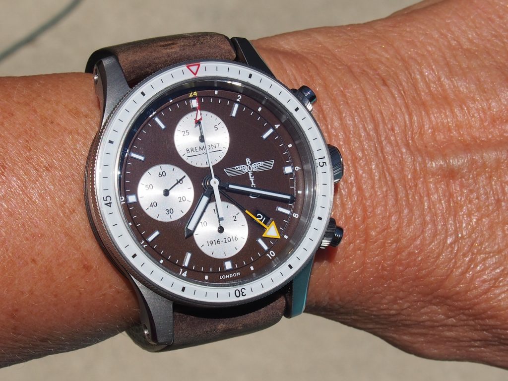  On the wrist, the 43mm Ti-6-4 titanium Bremont Boeing 100 Limited Edition watch fits nicely and offers a bold look. 
