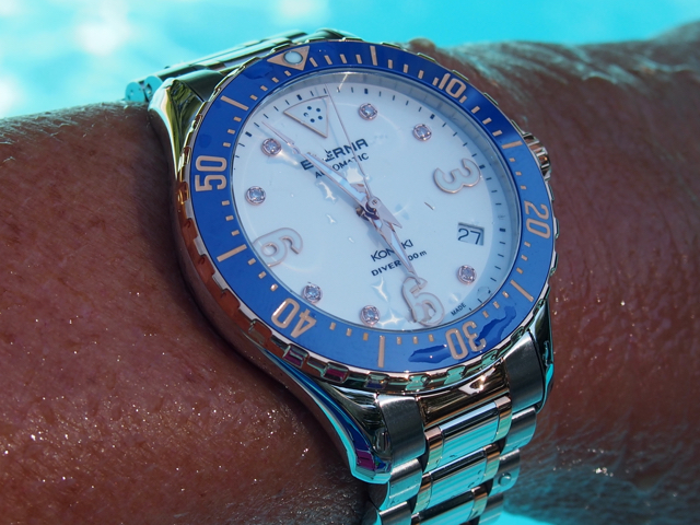 The watches are water resistant to 200 meters. 