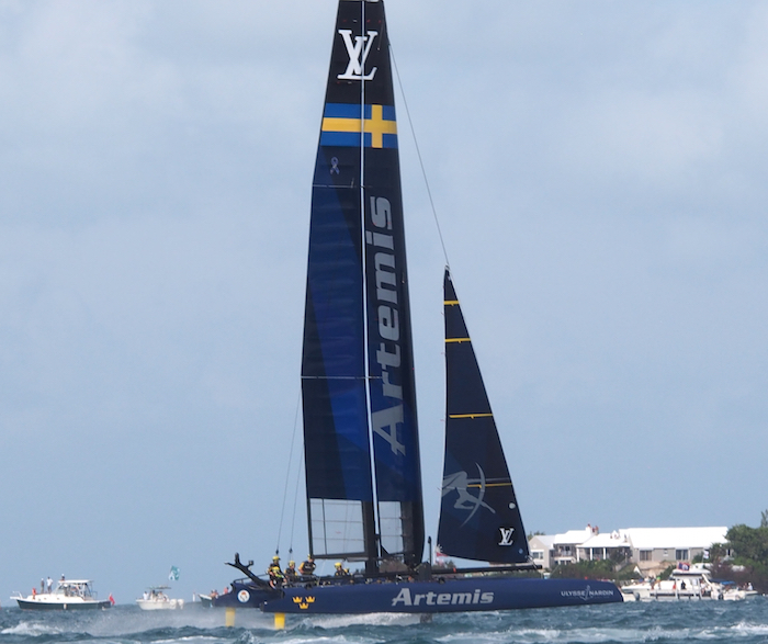 Artemis Racing Team foiling in the catamaran during Sunday's races (photo: R.Naas)