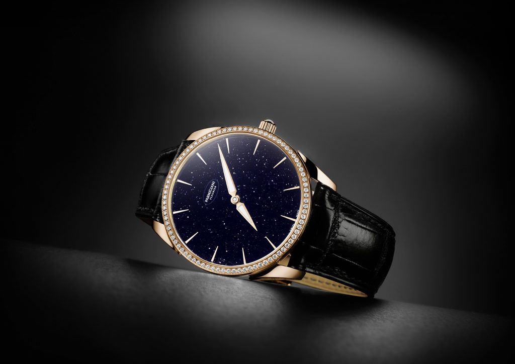 The Parmigiani Fleurier Tonda 1950 Set Galaxy watch features an aventurine dial and diamond-set case.