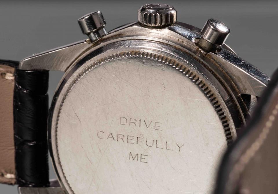 The caseback of the Paul Newman Rolex Daytona that sold for $17.7+ milllion is engraved with "Drive Carefully Me" from Joanne Woodward. 