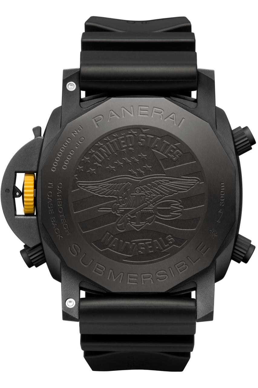The back of the Panerai Submersible Chrono Navy SEALs experience watch. 