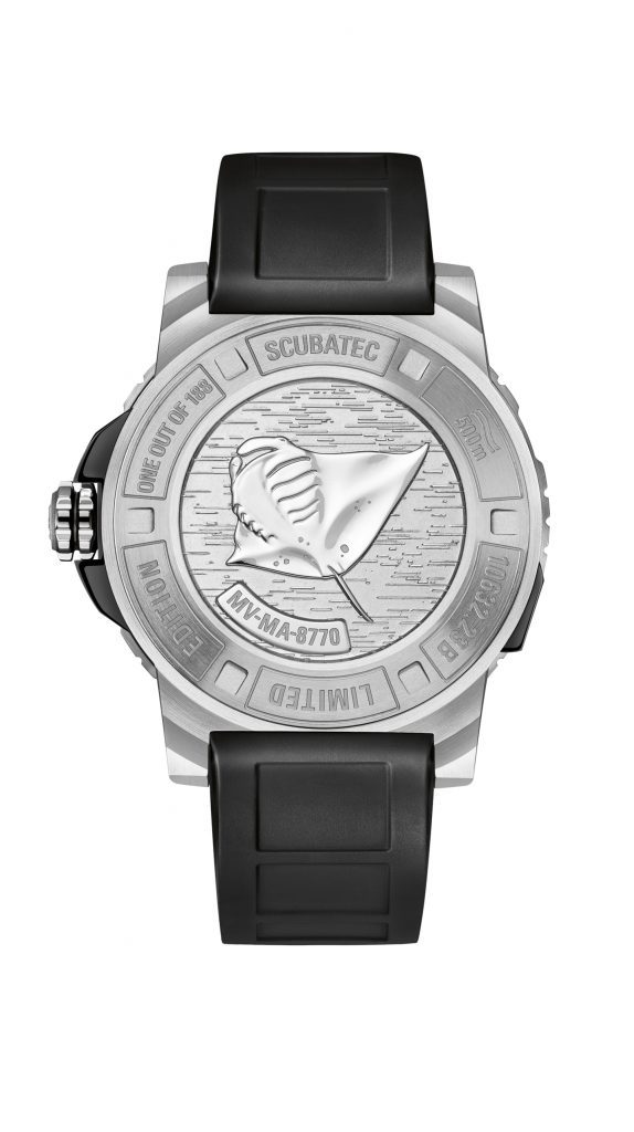 The caseback of each Carl F. Bucherer Patravi ScubaTec Manta Trust watch is engraved with a manta ray, and the pattern found on one particular manta ray, that the owner of the watch can then go and name on a website. 