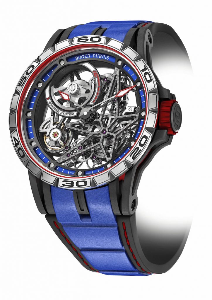 Roger Dubuis Excalibur Spider Skeleton Automatic is inspired by auto racing in color and skeletonization in design. 
